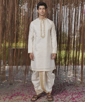 White plain silk kurta & dhoti with stole 1