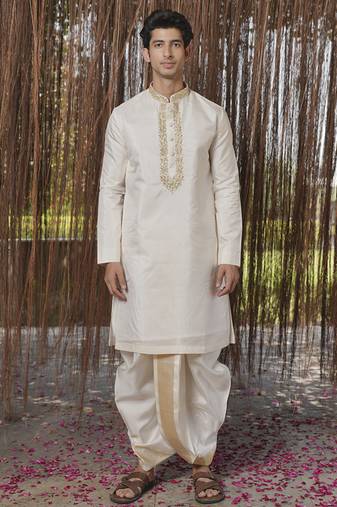 White plain silk kurta & dhoti with stole