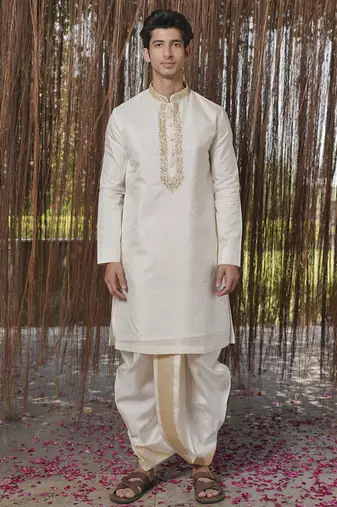 White plain silk kurta & dhoti with stole