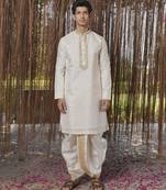 White plain silk kurta & dhoti with stole