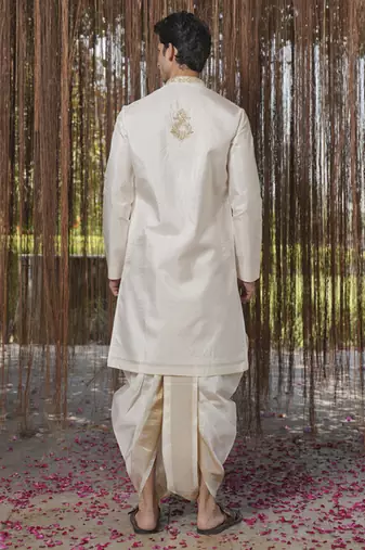 White plain silk kurta & dhoti with stole