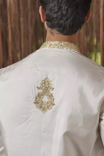 White plain silk kurta & dhoti with stole
