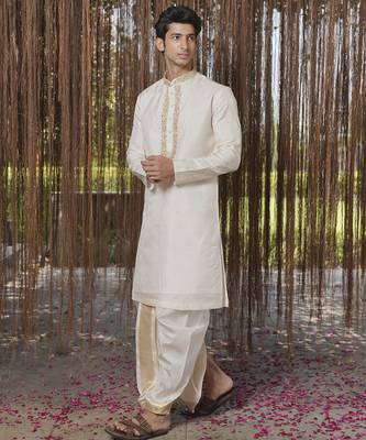 White plain silk kurta & dhoti with stole 5