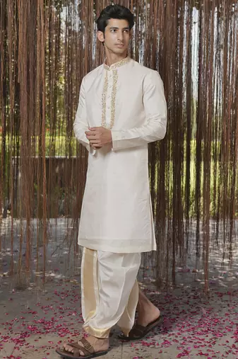 White plain silk kurta & dhoti with stole