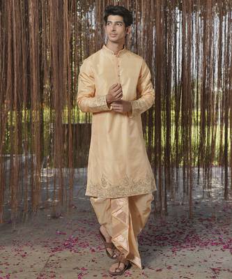 Brown plain silk kurta & dhoti with stole 1