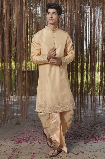 Brown plain silk kurta & dhoti with stole