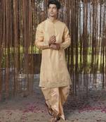 Brown plain silk kurta & dhoti with stole