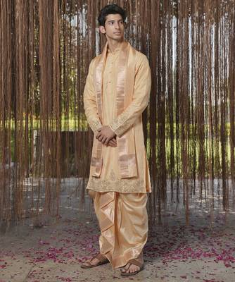 Brown plain silk kurta & dhoti with stole 2