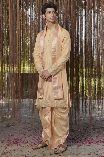 Brown plain silk kurta & dhoti with stole