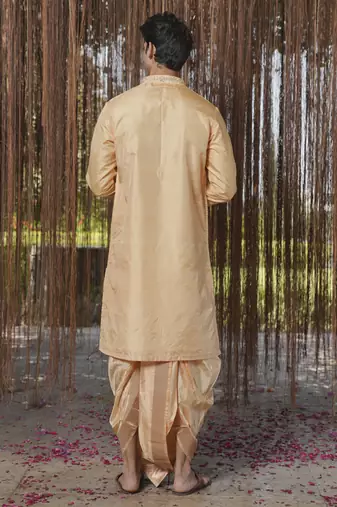 Brown plain silk kurta & dhoti with stole