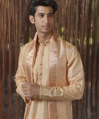 Brown plain silk kurta & dhoti with stole 4