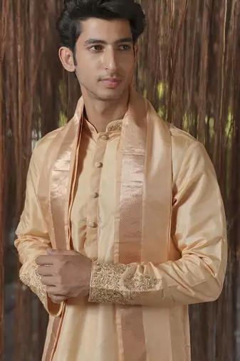 Brown plain silk kurta & dhoti with stole