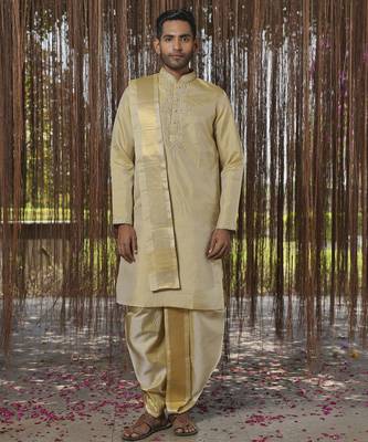 Green plain silk kurta & dhoti with stole 1