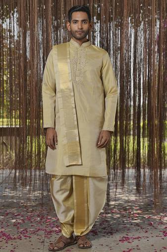 Green plain silk kurta & dhoti with stole
