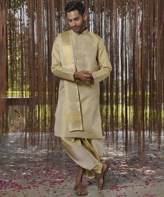 Green plain silk kurta & dhoti with stole 5