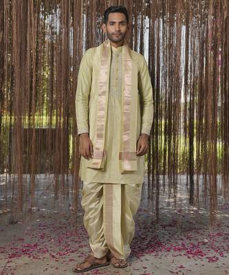 Green plain silk kurta & dhoti with stole 1