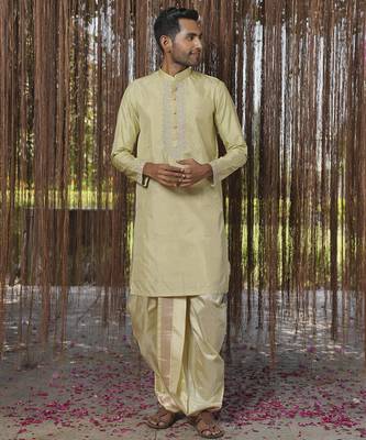 Green plain silk kurta & dhoti with stole 3