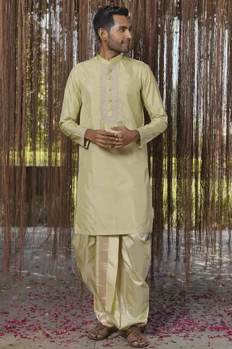 Green plain silk kurta & dhoti with stole