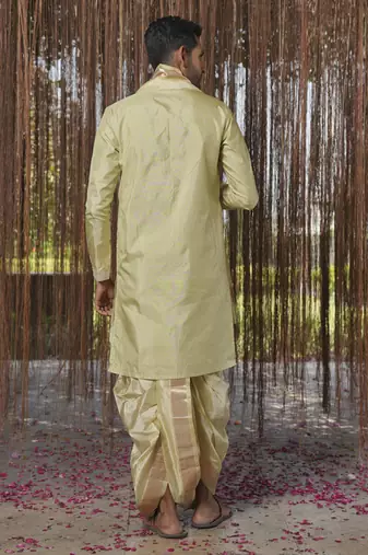Green plain silk kurta & dhoti with stole