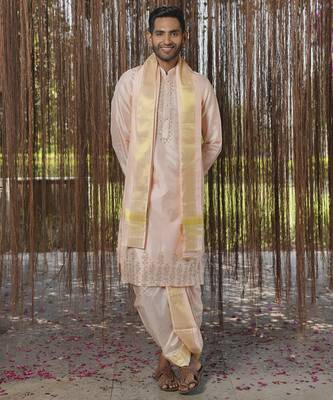Pink plain silk kurta & dhoti with stole 1