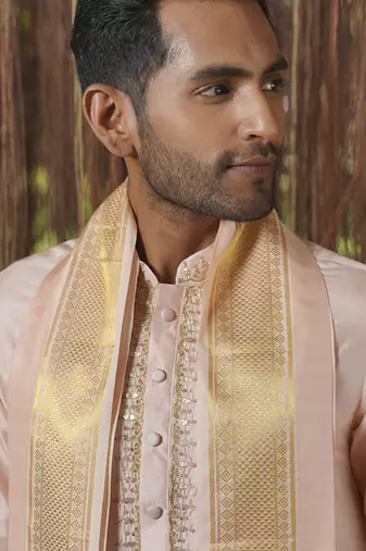 Pink plain silk kurta & dhoti with stole