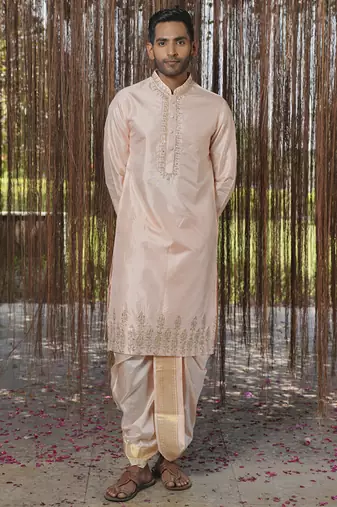 Pink plain silk kurta & dhoti with stole