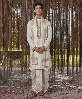 Beige plain silk kurta & dhoti with stole 1