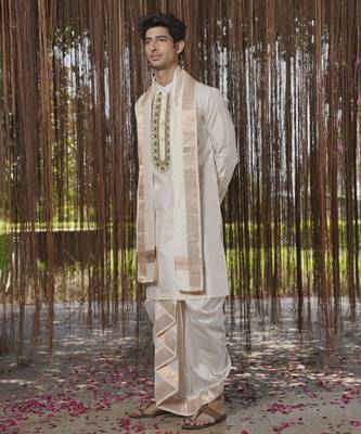 Beige plain silk kurta & dhoti with stole 3