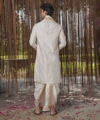 Beige plain silk kurta & dhoti with stole 4