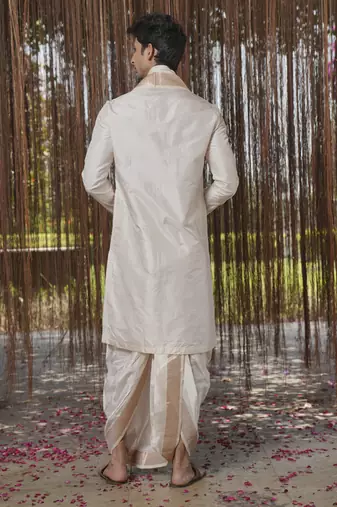 Beige plain silk kurta & dhoti with stole