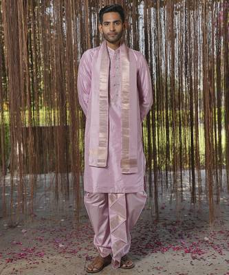 Purple plain silk kurta & dhoti with stole 1