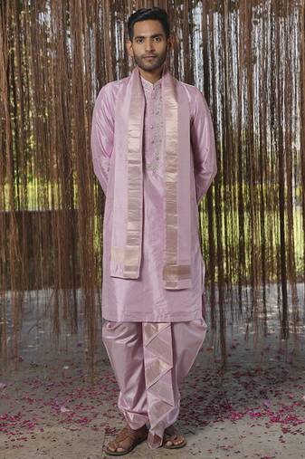 Purple plain silk kurta & dhoti with stole
