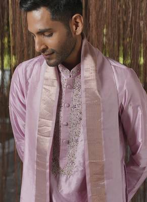 Purple plain silk kurta & dhoti with stole 2