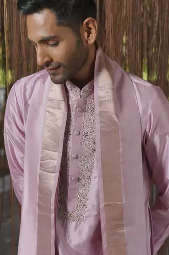 Purple plain silk kurta & dhoti with stole
