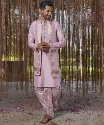 Purple plain silk kurta & dhoti with stole 3