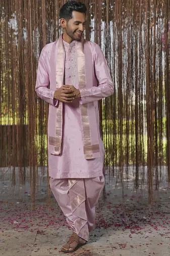 Purple plain silk kurta & dhoti with stole