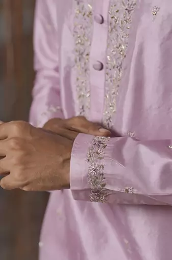 Purple plain silk kurta & dhoti with stole