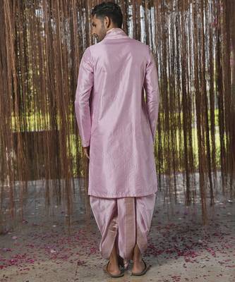 Purple plain silk kurta & dhoti with stole 5