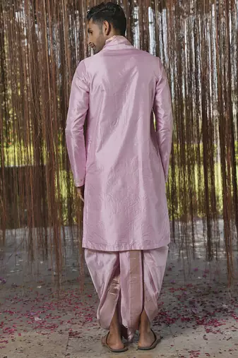 Purple plain silk kurta & dhoti with stole