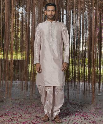 Grey plain silk kurta & dhoti with stole 1