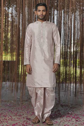 Grey plain silk kurta & dhoti with stole