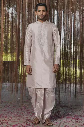 Grey plain silk kurta & dhoti with stole