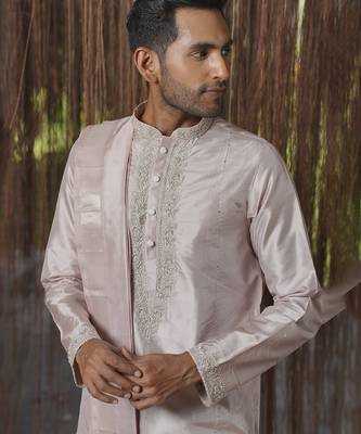 Grey plain silk kurta & dhoti with stole 2