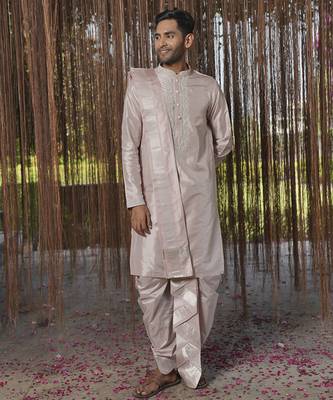 Grey plain silk kurta & dhoti with stole 3