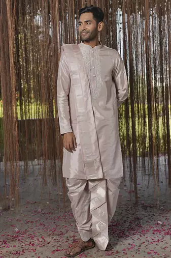 Grey plain silk kurta & dhoti with stole