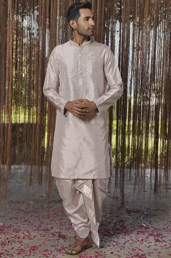 Grey plain silk kurta & dhoti with stole