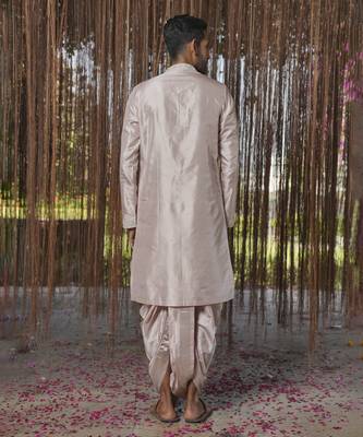Grey plain silk kurta & dhoti with stole 5
