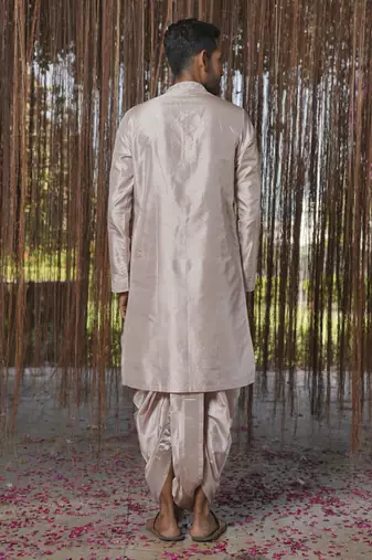 Grey plain silk kurta & dhoti with stole