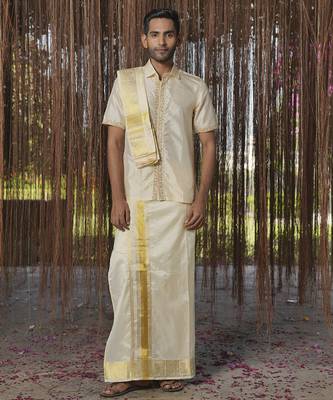 Beige plain silk kurta & dhoti with stole 1