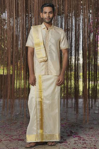 Beige plain silk kurta & dhoti with stole